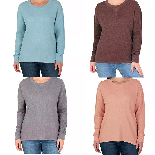 Seven7 Women's High-Low Hem Super Soft Waffle Knit Crew Pullover Top