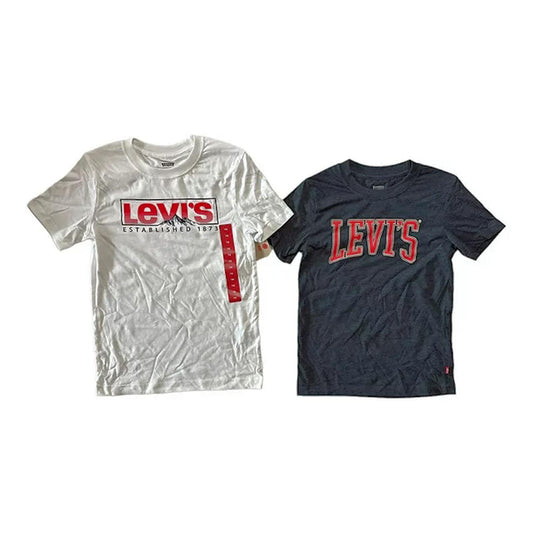 Levi's Boy's 2-Pack Short Sleeve Graphic Logo Print Crewneck Tee (White/Blue, 5/6)