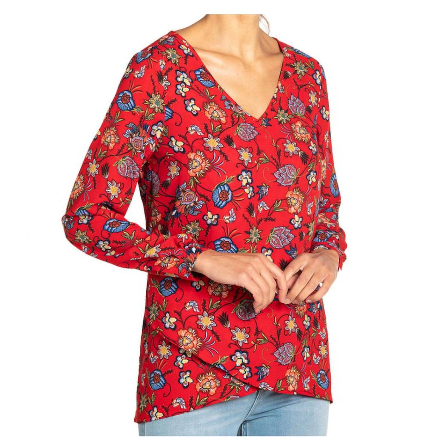 Chelsea And Theodore Long-Sleeve Crossover Woven Top In Red Floral Print, L