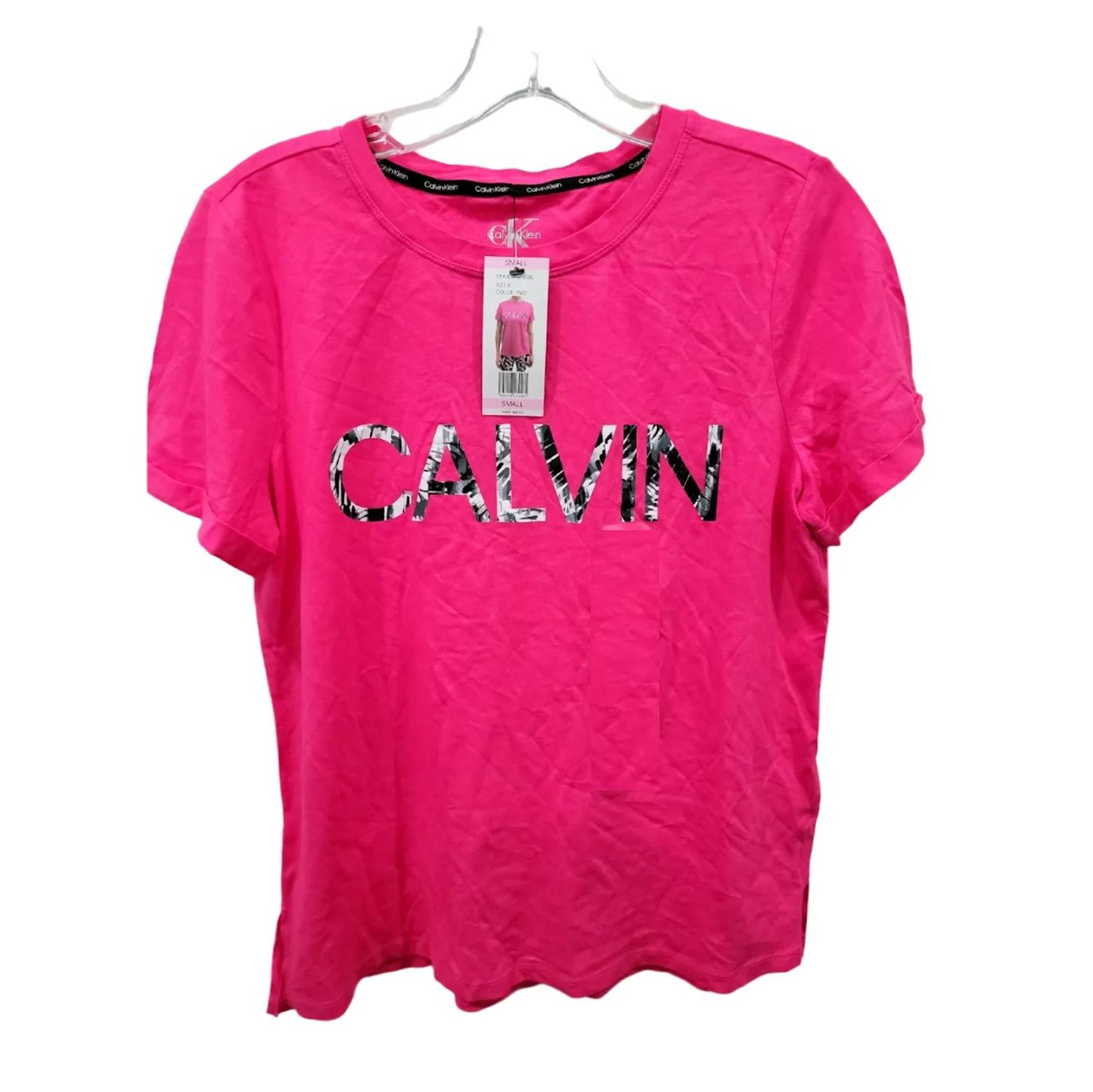 Calvin Klein Women's Soft Crew Neck Rolled Sleeve Graphic Logo T-shirt Scribble Black/Peony L