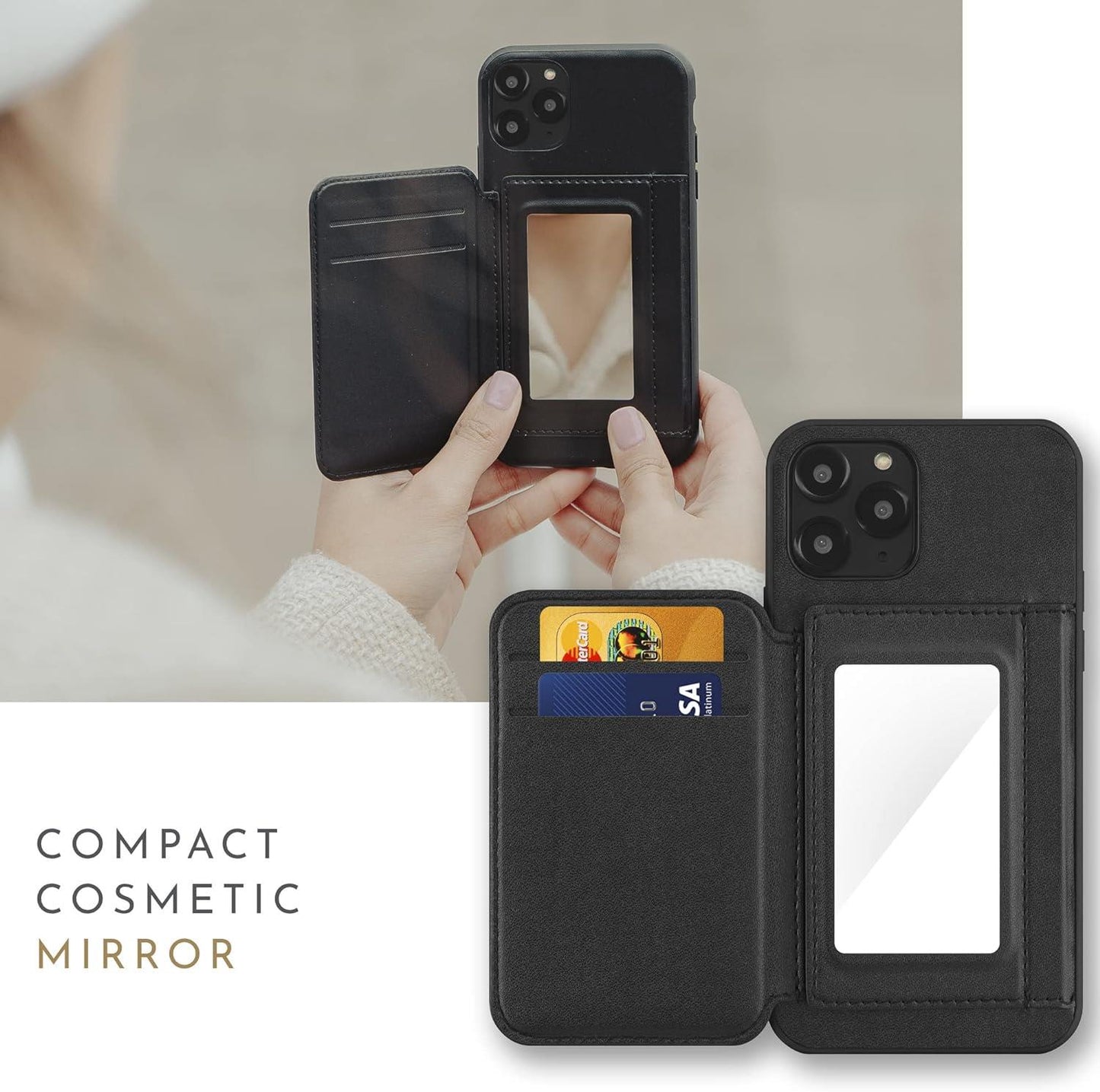 HABITU Folio Collection 2022 Odessa Mirror Black Wallet Case for iPhone 12/12 Pro, Magnetic Vegan Leather Flip Phone Case with Card Pockets Compact Mirror