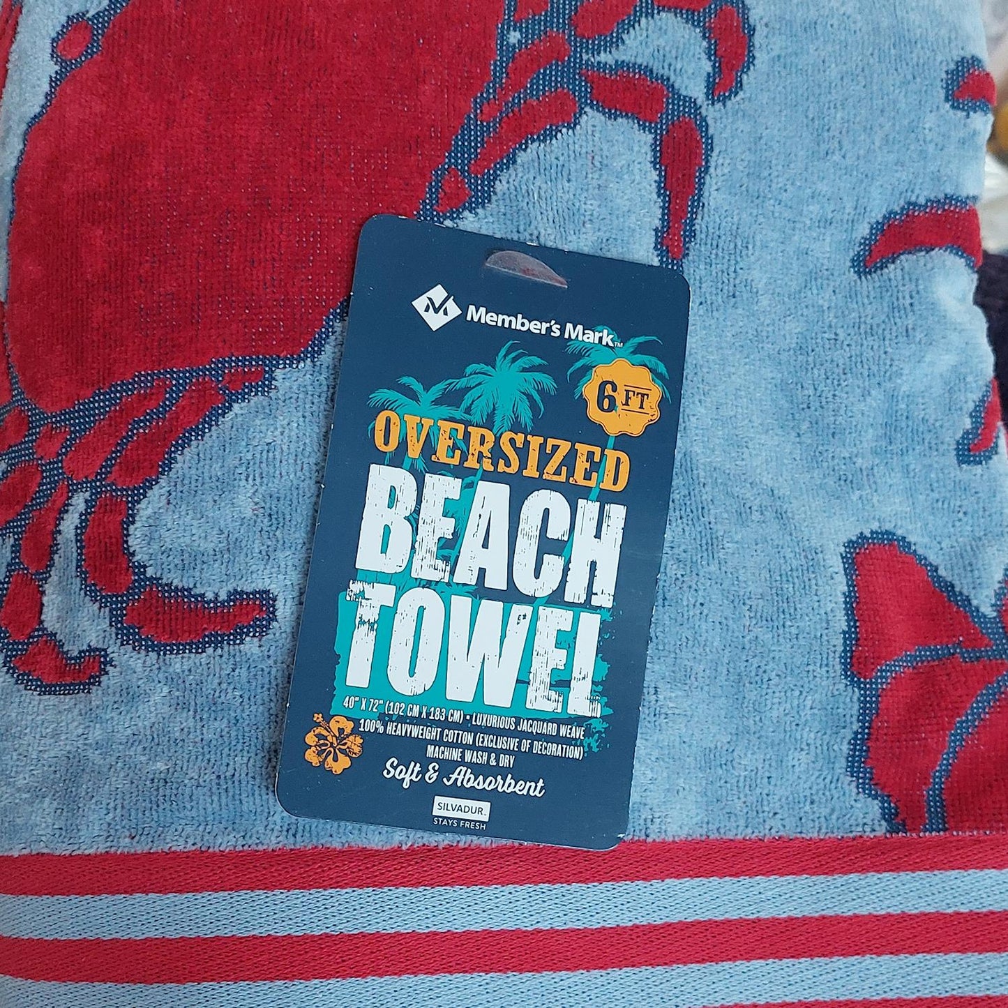 Member's Mark 100% Cotton Oversized Adult Beach Towel 40" x 72" Crustacean