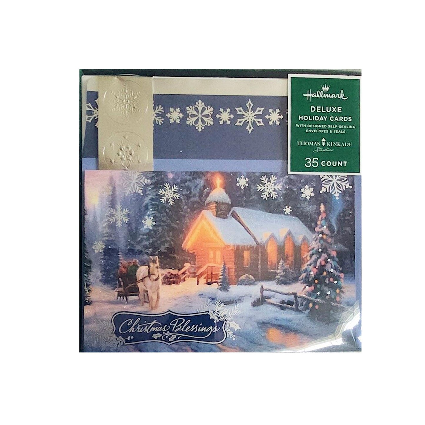 Hallmark Boxed Deluxe Christmas Cards Thomas Kinkade Christmas Blessing Religious 35 Cards, Designed Self-Sealing Envelopes and Seals