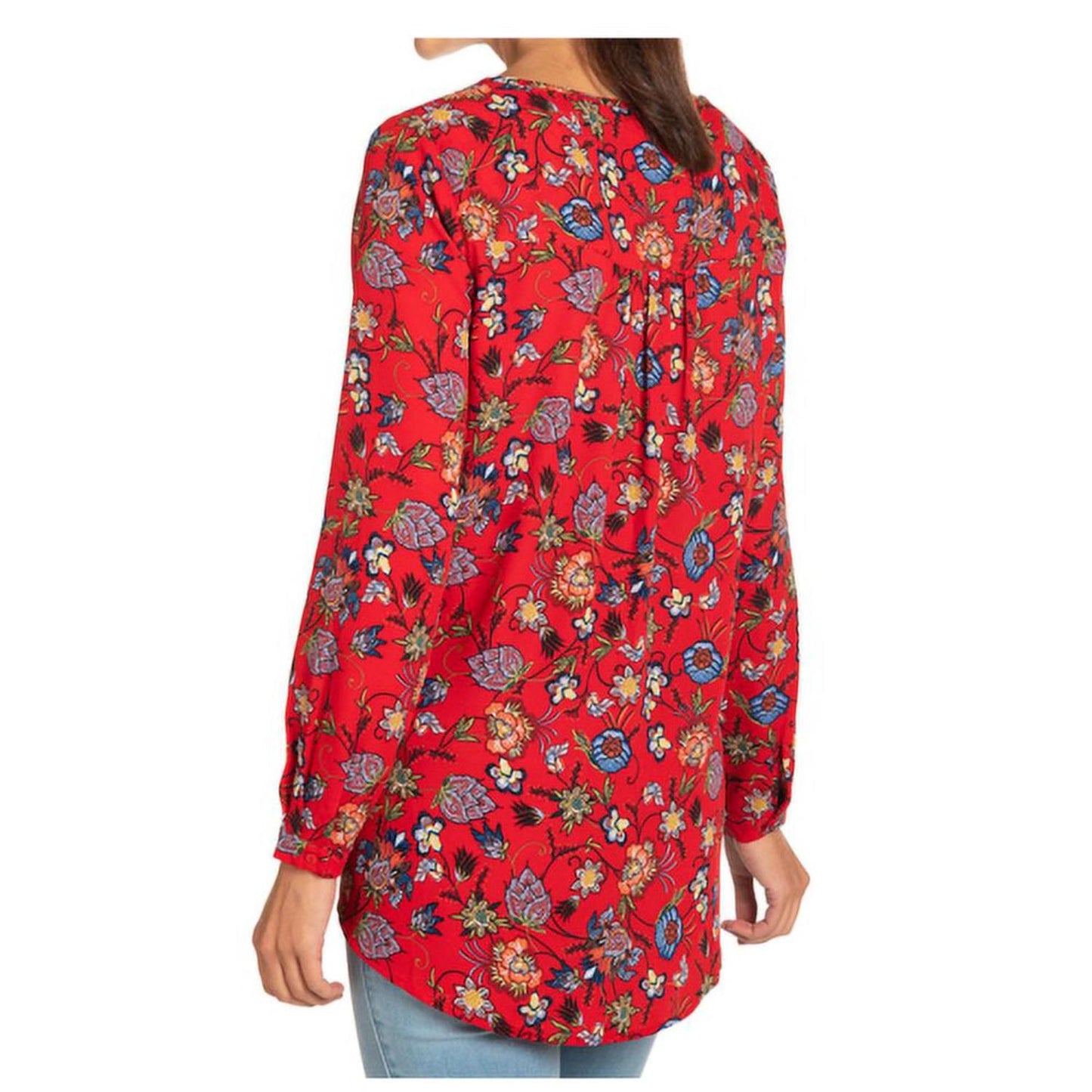 Chelsea And Theodore Long-Sleeve Crossover Woven Top In Red Floral Print, L