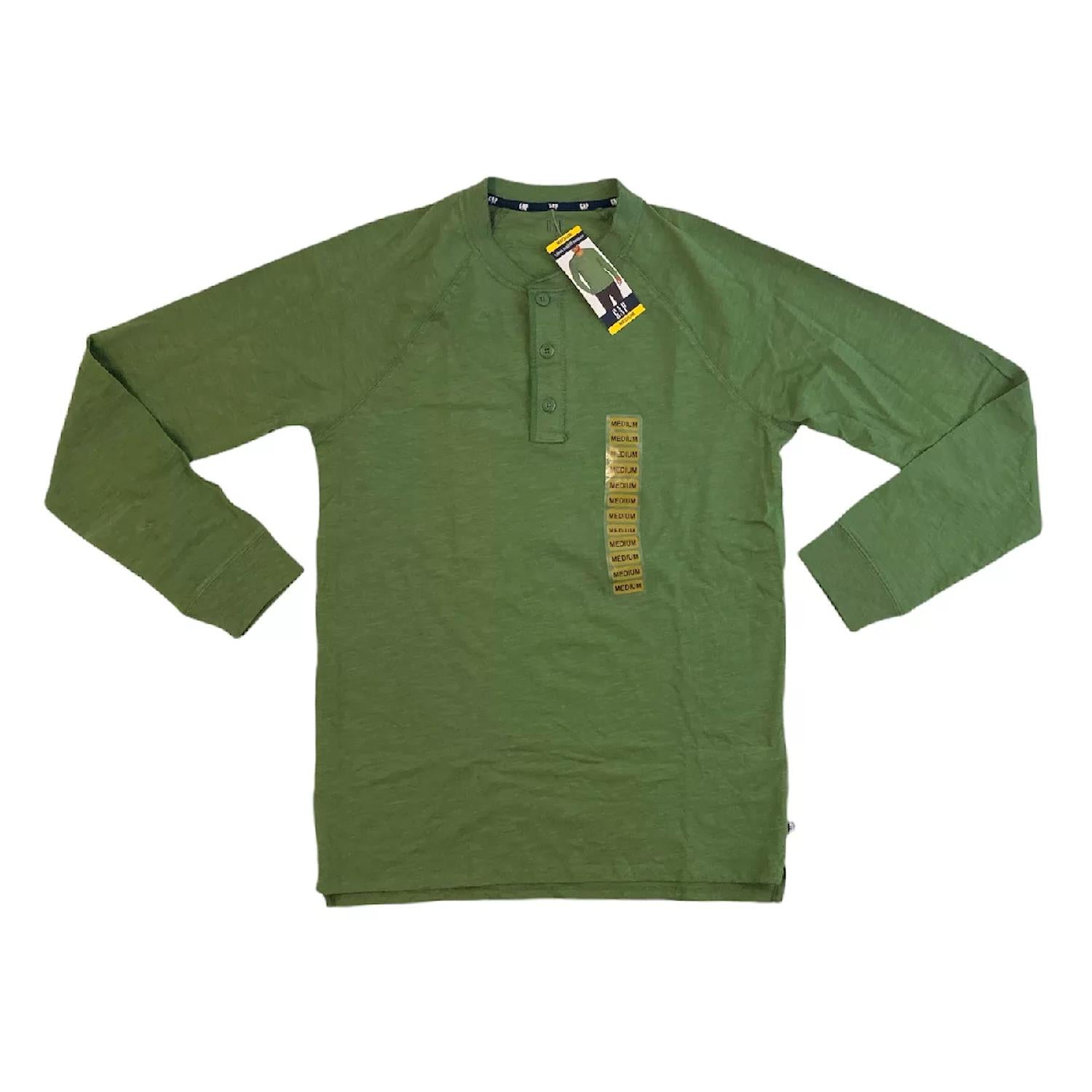 GAP Men's 100% Cotton Long Sleeve 3 Button Henley Shirt (Bronze Green,