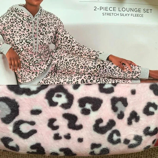 CUDDL DUDS Ladies 2 Piece Long Sleeve Hooded Pajama Set Pink Animal Print