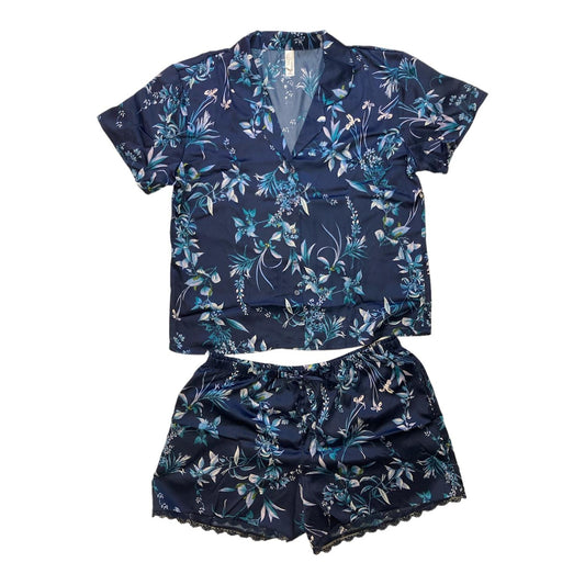 Flora By Flora Nikrooz Women's Satin Notch Collar Short Sleeve & Shorts PJ Set (Blue Floral, XXL)