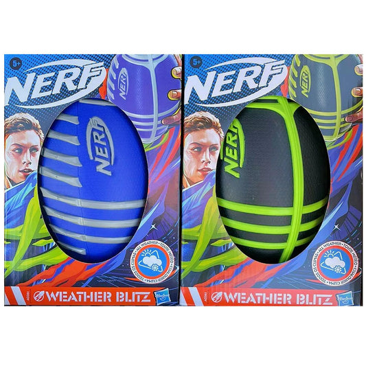 2Pk Nerf Weather Blitz Kids Foam Football - Youth Weatherproof Soft Foam Ball - Indoor + Outdoor Football for Kids - Small Junior Foam Football - 9" Inch Youth Sized Football - Blue & Green