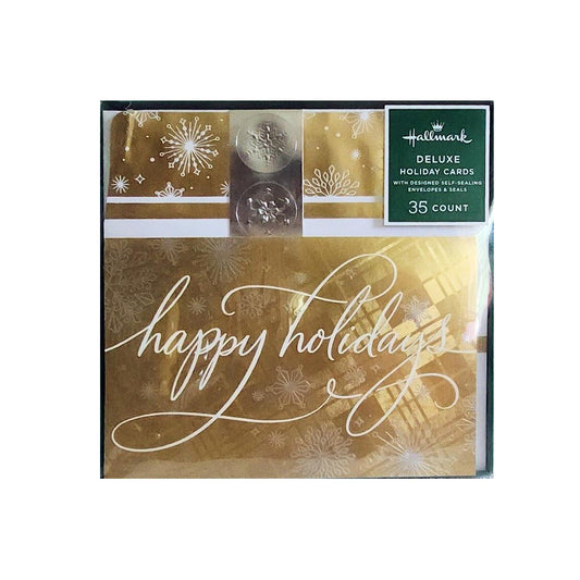 Hallmark Boxed Deluxe Christmas Cards Gold Happy Holidays 35 Cards, Designed Self-Sealing Envelopes and Seals