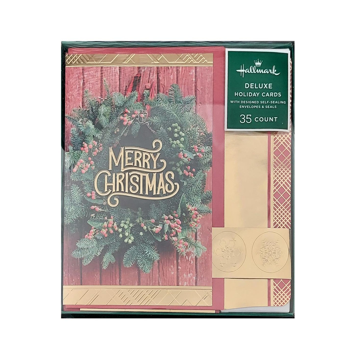Hallmark Boxed Deluxe Christmas Cards Merry Christmas Wreath 35 Cards, Designed Self-Sealing Envelopes and Seals