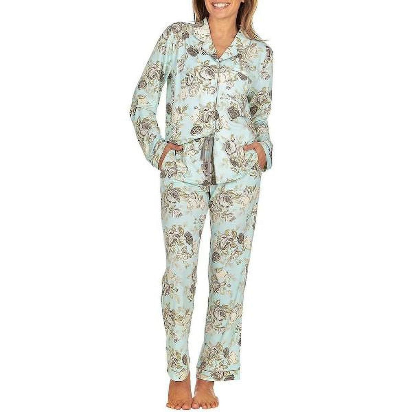 Flora Nikrooz Pajama Set Blue Green Gray Rose Button Front Elastic Waist L