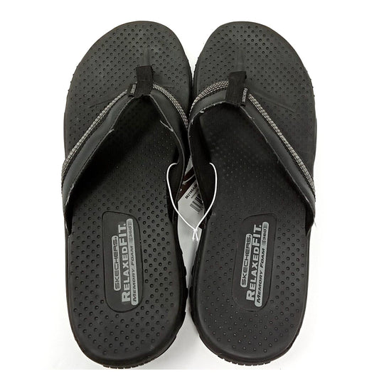 SKECHERS Mens Relaxed Fit Memory Foam Reggae Cubano Flip Flop Sandals Black 13