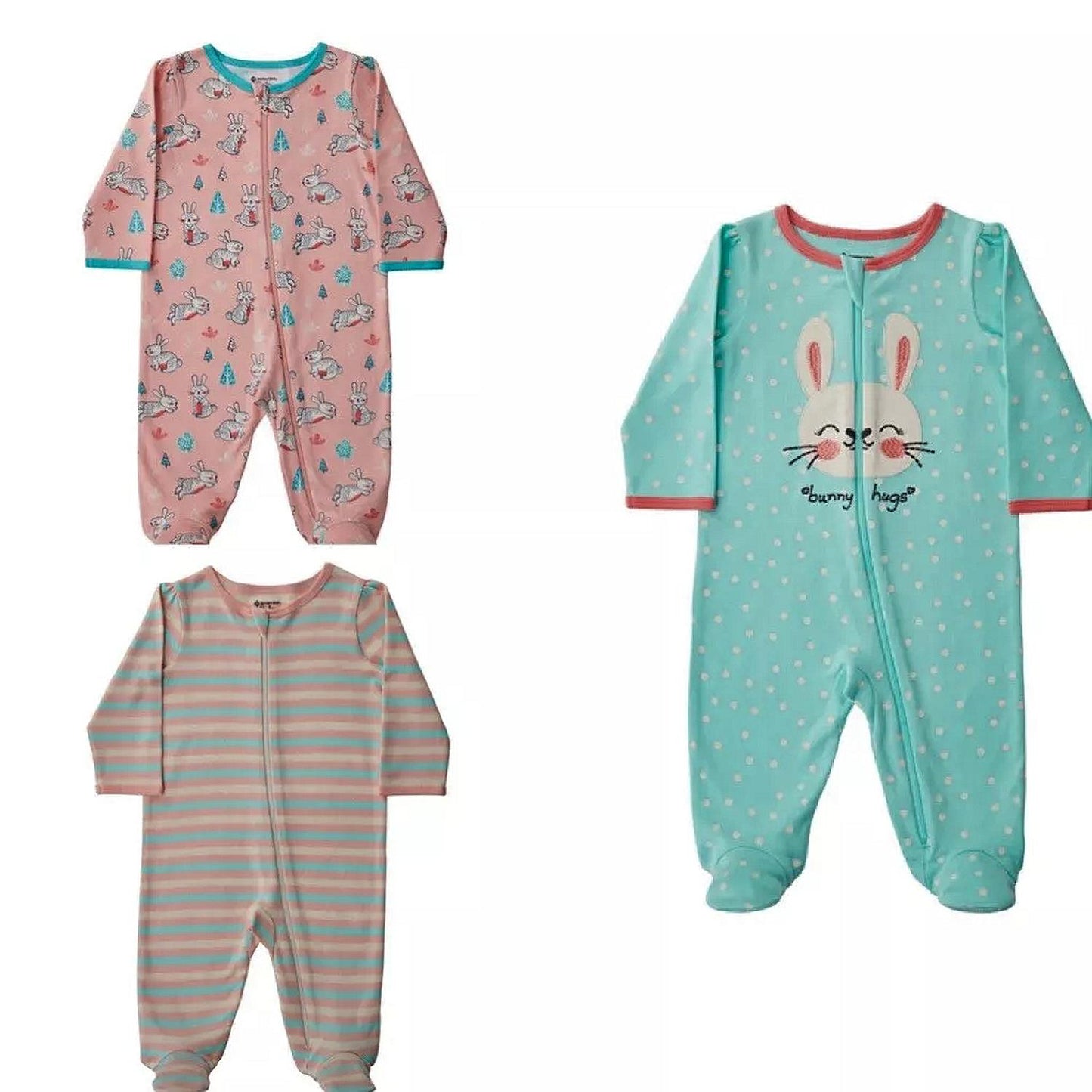 Members Mark Babys Favorite 3- Pack Sleep and Play 0-3M Bunny Footed Long Sleeve