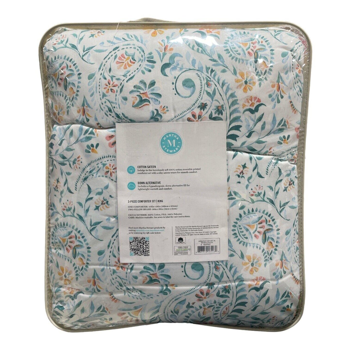 Martha Stewart 3 Piece 100% Cotton Sateen Comforter Set, Full/Queen (Belina)