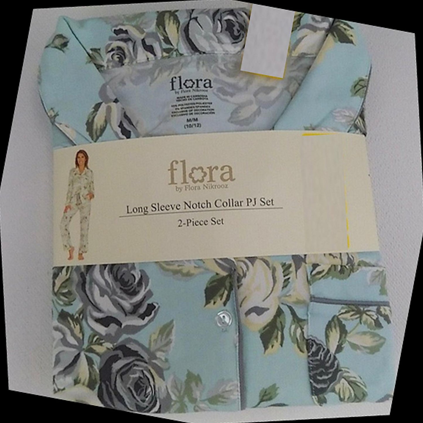 Flora Nikrooz Pajama Set Blue Green Gray Rose Button Front Elastic Waist L