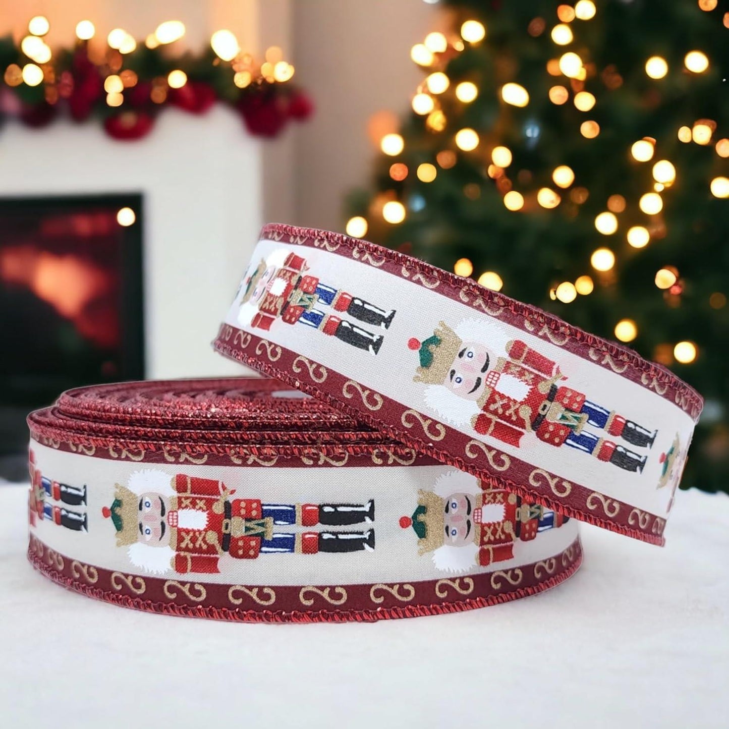 1.5" x 50 Yards Wired, Ivory, Gold, Red, Green, and Blue, Nutcracker Ribbon with Metallic Highlights & Tinsel Trim for Christmas, Holiday, Trees, Wreaths, Garlands, Gifts, Bows, Crafts Mega Large Roll