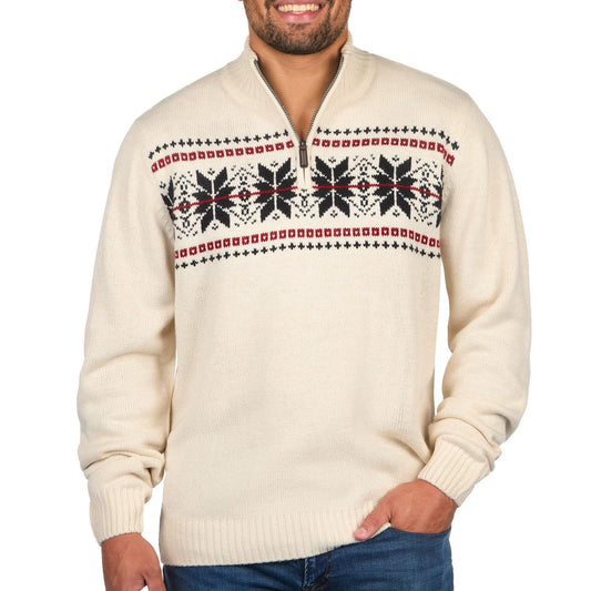 Haggar Men's Festive Fair Isle Extra Warm Quarter Zip Sweater Shell Heather (Cream) L