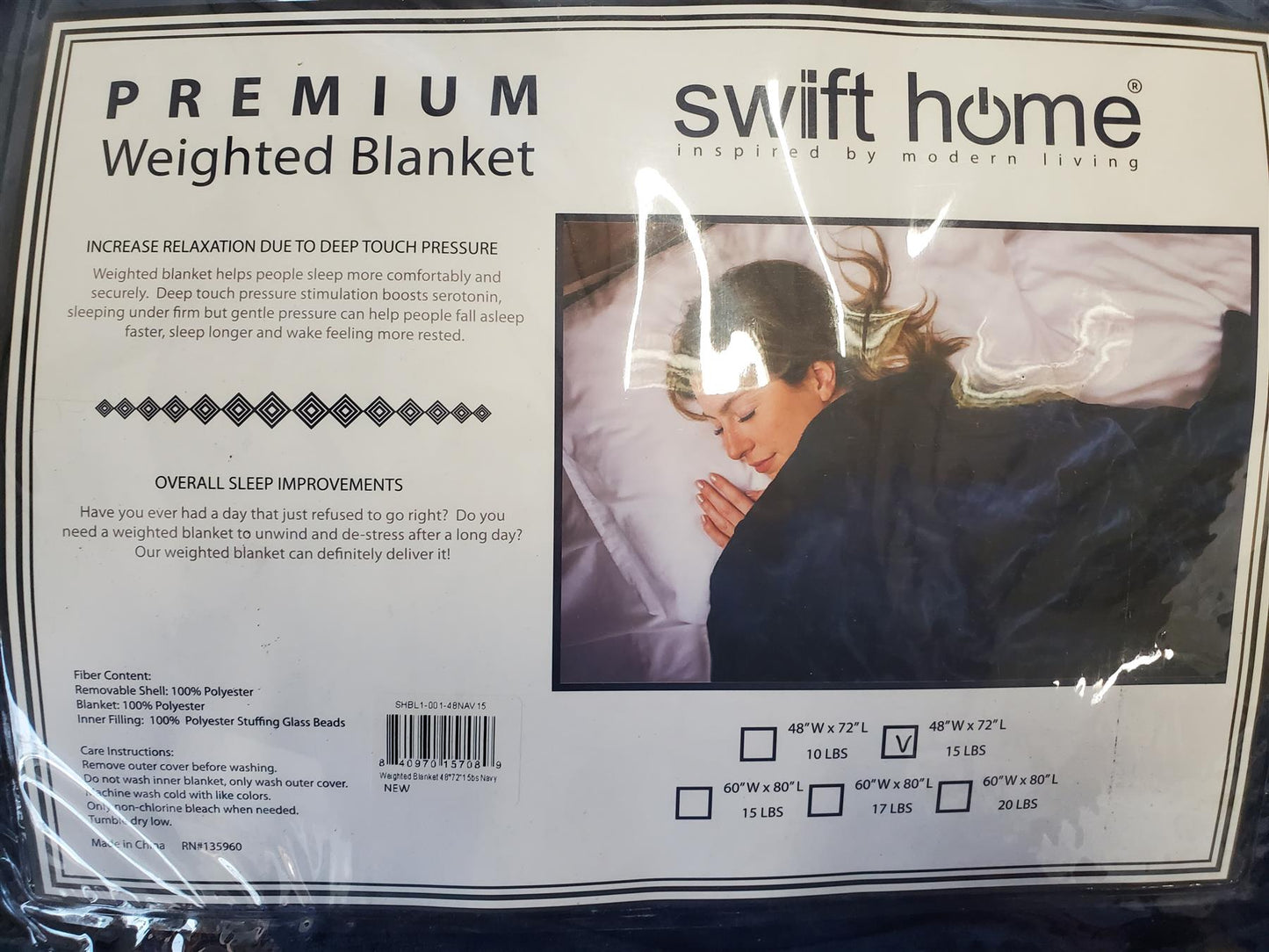 Swift Home Weighted Blanket Adult Weighted Blanket With Removable Cover 15 lb Navy 48x72"