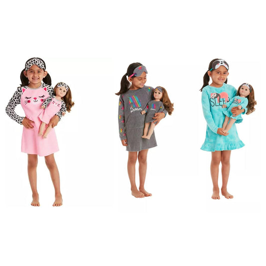 Girls Perfect Pair 4PC Pajama Gown Set Gown and Sleep Mask for her and her 18" Doll