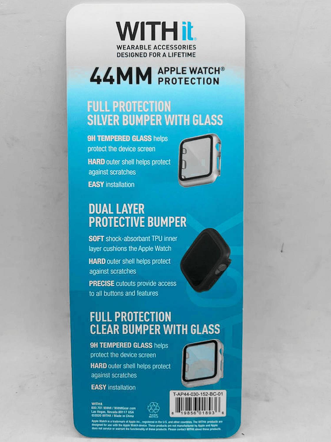 WITHit Protection for 44mm Apple Watch, 3 Pack Silver Black Clear