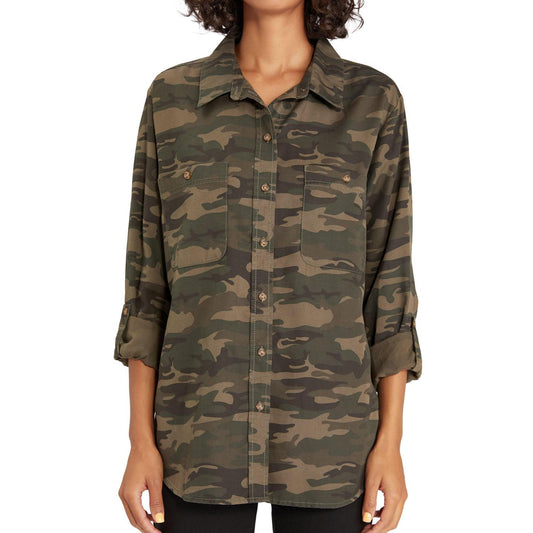 Social Standard By Sanctuary Women's Long Sleeve Tencel Boyfriend Shirt Mother Nature Camo