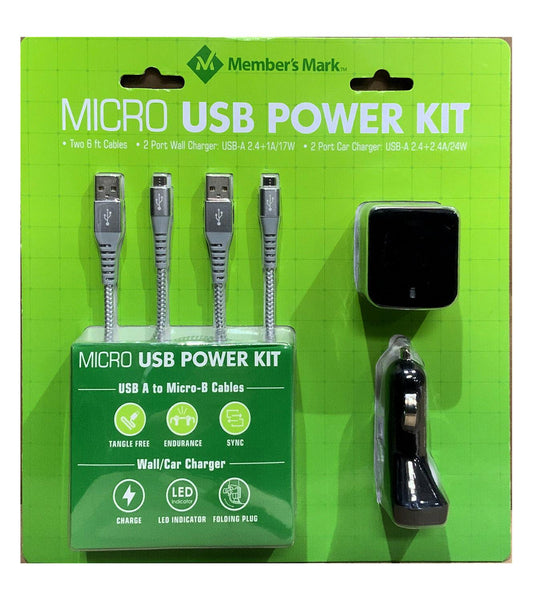 Micro USB Power Kit Dual Wall Charger, Dual Car Charger and 2 USB-A to Micro USB Cables