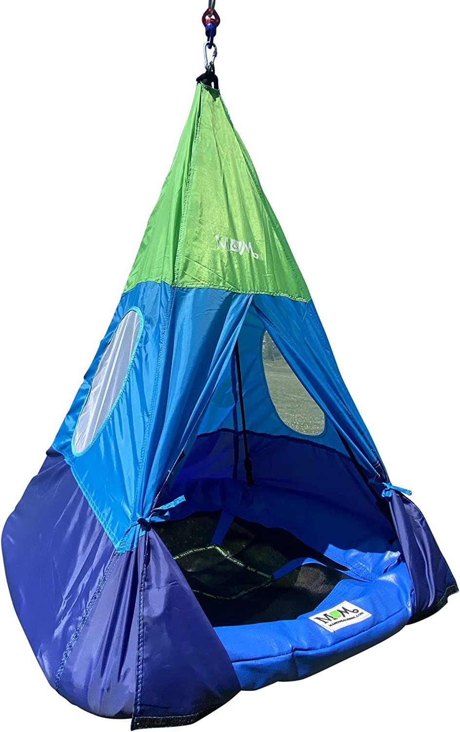 Outdoor Teepee Tent Swing, 40in Textilene Platform Swing, Colorful Detachable Tent, Hanging Tree Fort, 250 Lbs., Single or Multi-Rider, Swing and Spin.
