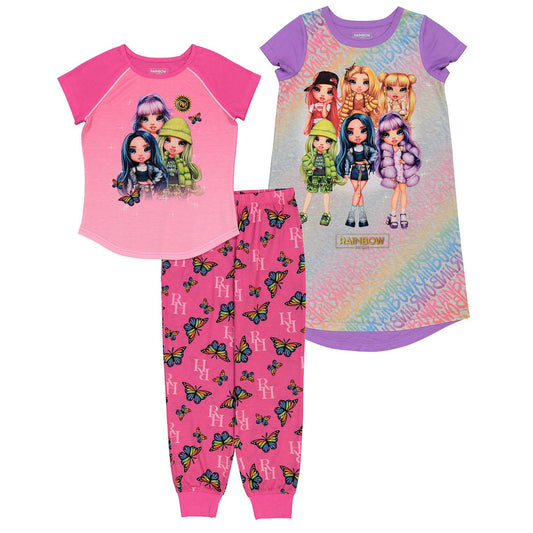 Rainbow High Girl's 3 Piece Short Sleeve Polyester Pajama Set