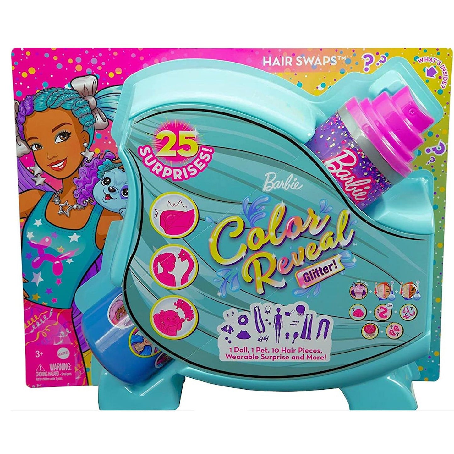 Barbie Color Reveal Glitter! Hair Swaps Doll with 25 Hairstyling & Party-Themed Surprises Including 10 Plug-in Hair Pieces