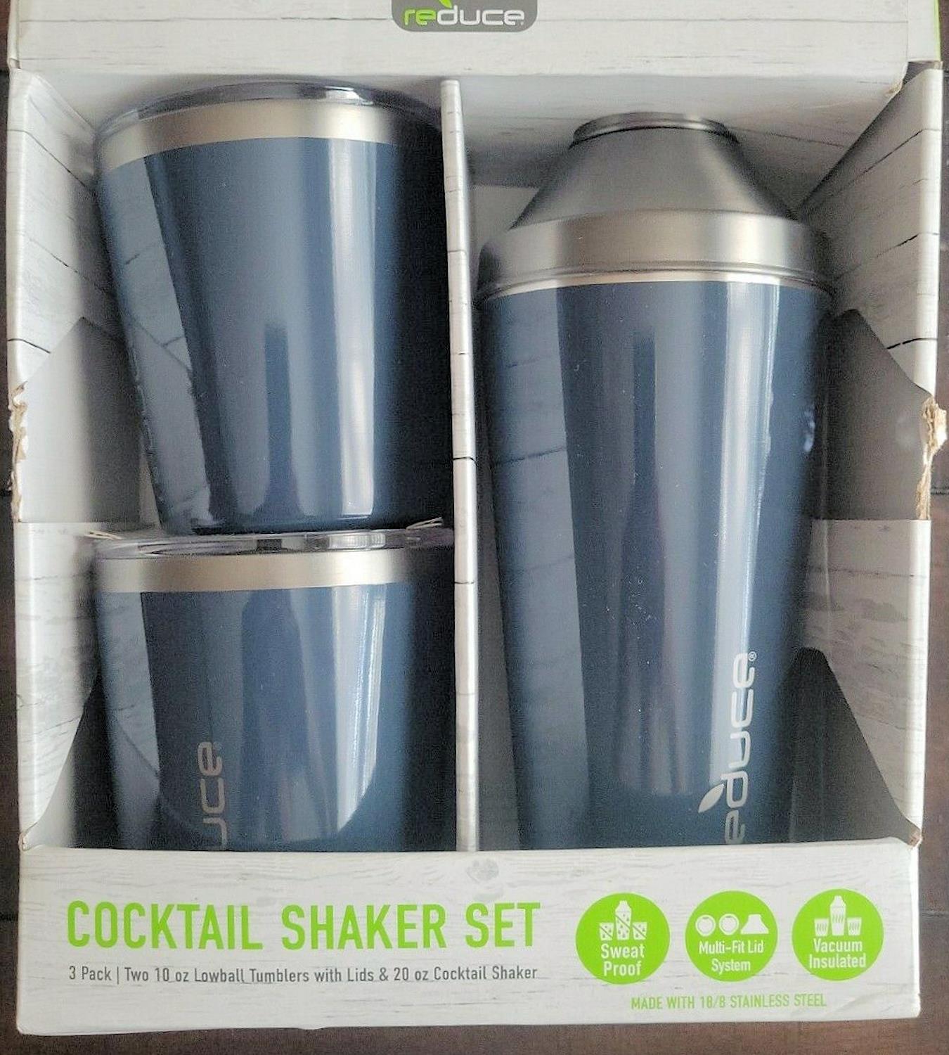 Reduce 3 Pc Cocktail Shaker with Two 10-oz. Lowball Tumblers with Lids Stainless Steel