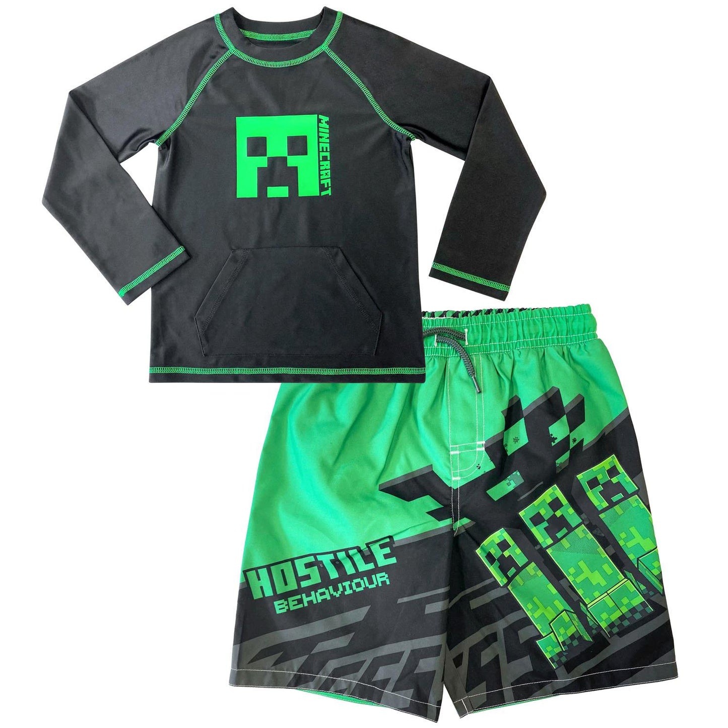 MINECRAFT Boy's Swimwear Bottoms and Rash Guard Shirt Creeper Two Piece Set Black/Green