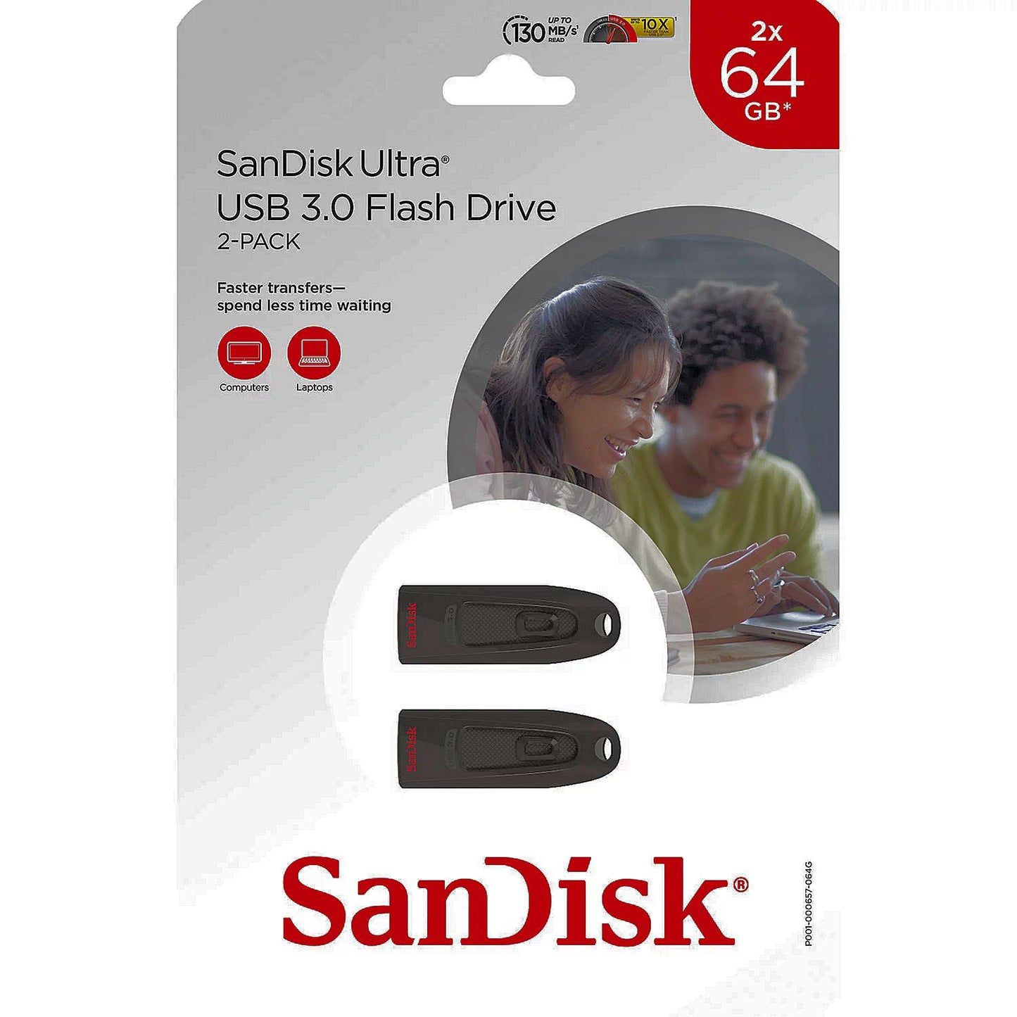 SanDisk 64GB Ultra USB 3.0 Flash Drive (2 Pack) Secure Encryption 130MB/s Read Speed