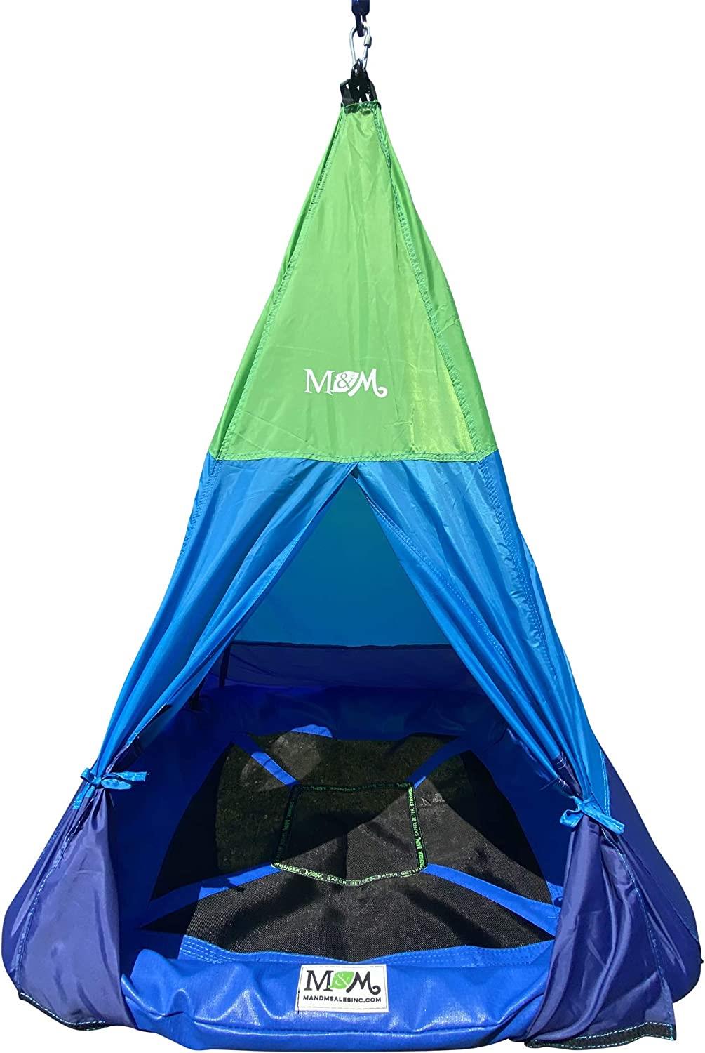 Outdoor Teepee Tent Swing, 40in Textilene Platform Swing, Colorful Detachable Tent, Hanging Tree Fort, 250 Lbs., Single or Multi-Rider, Swing and Spin.