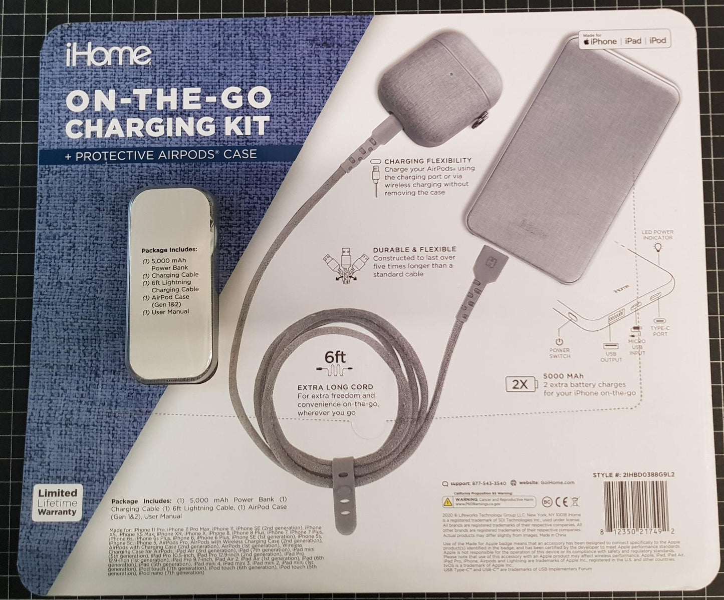 iHome On the Go 3-Piece Charging Bundle with Bonus AirPods Case Gray