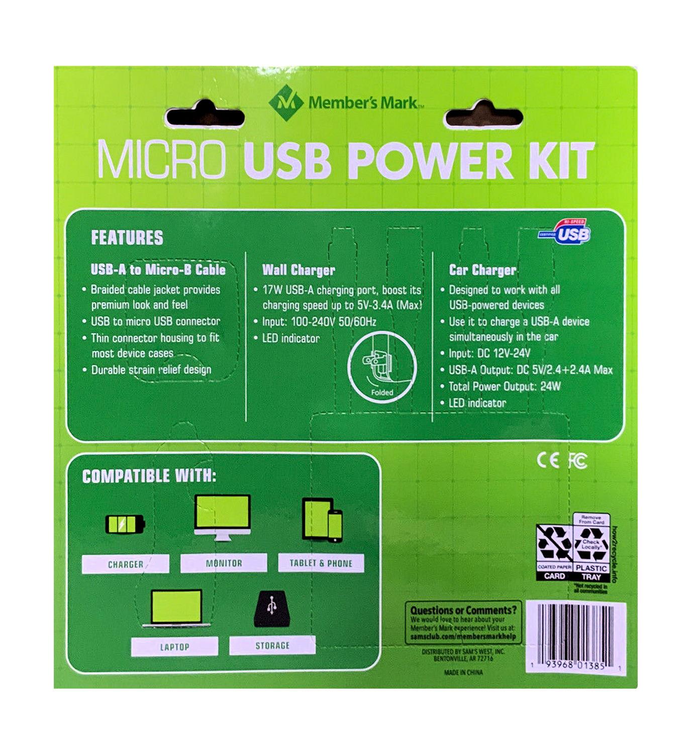 Micro USB Power Kit Dual Wall Charger, Dual Car Charger and 2 USB-A to Micro USB Cables