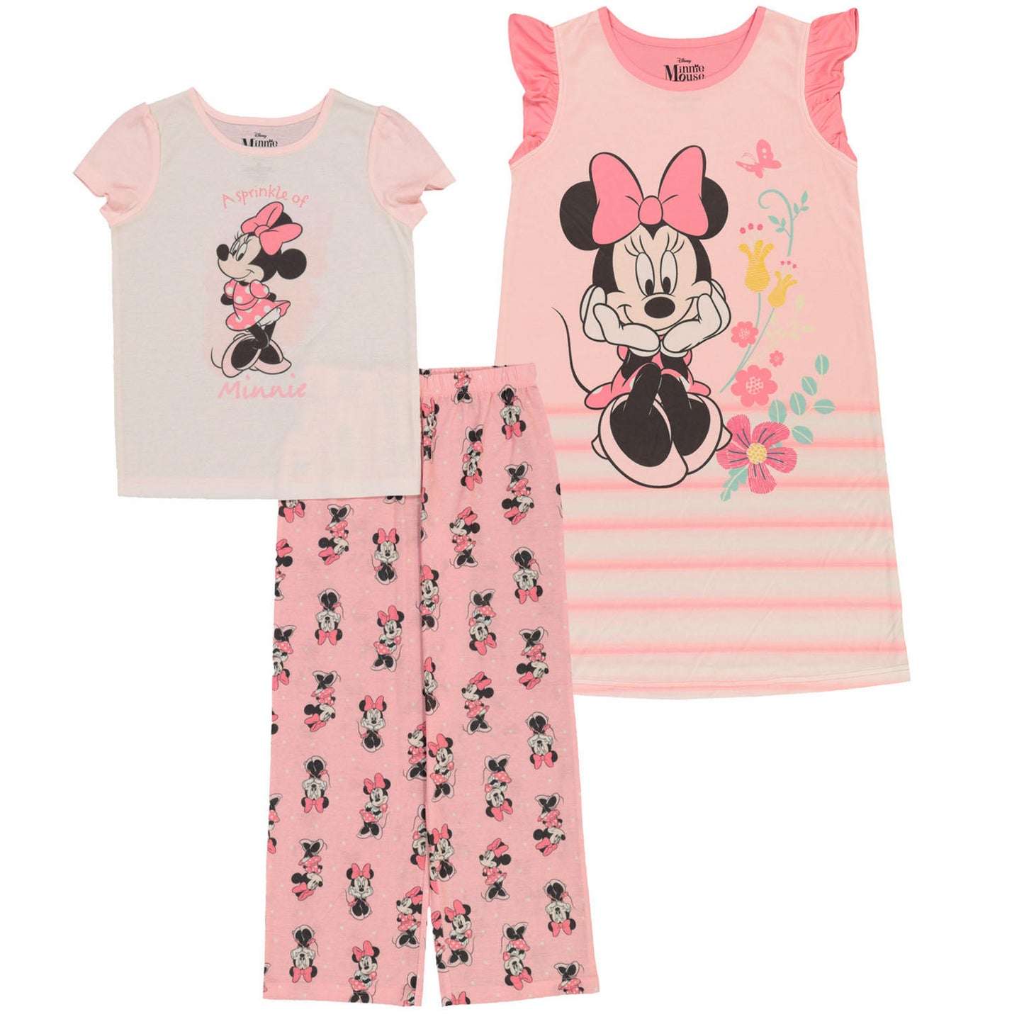 Disney Minnie Mouse Girl's 3 Piece Short Sleeve Polyester Pajama