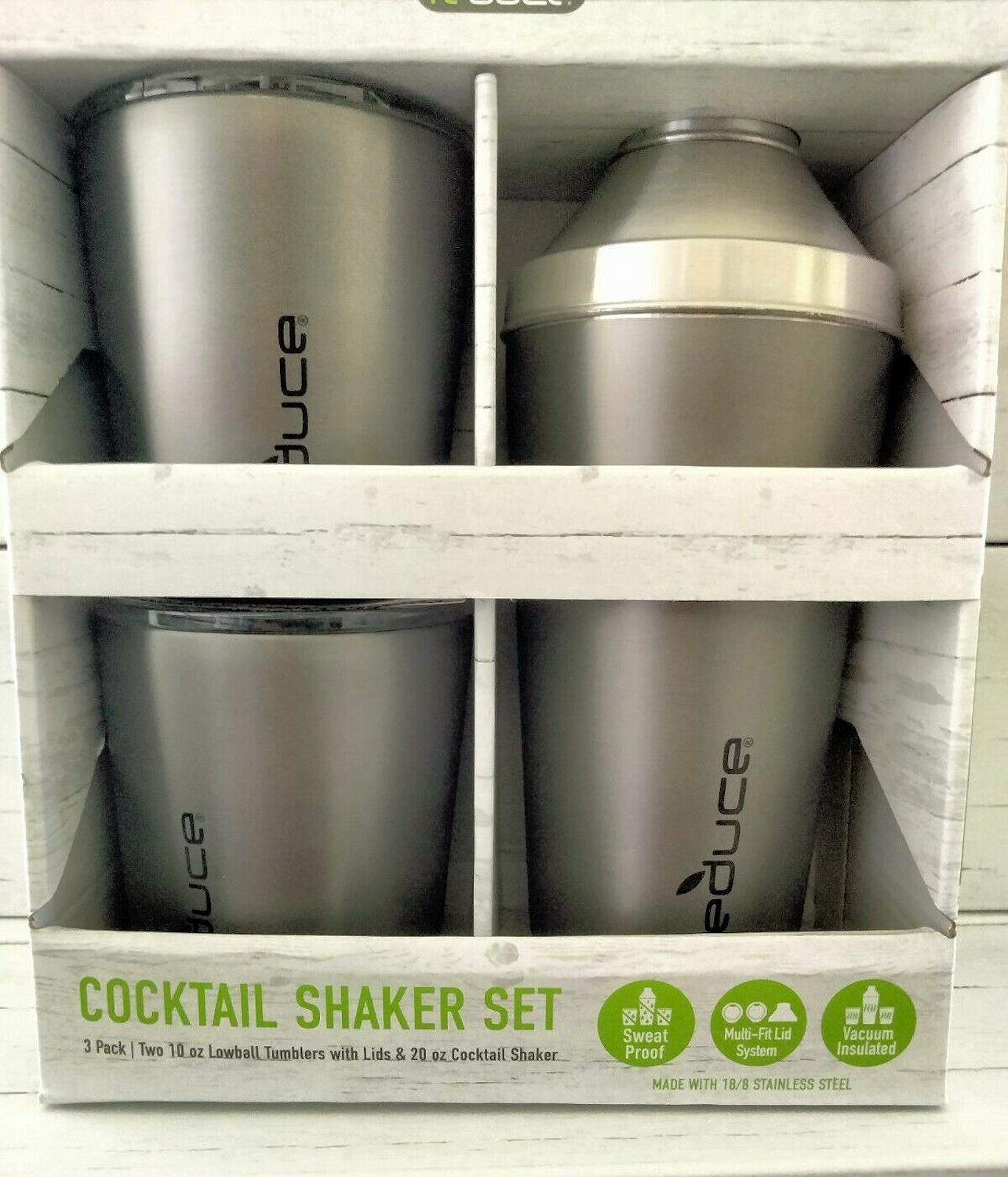Reduce 3 Pc Cocktail Shaker with Two 10-oz. Lowball Tumblers with Lids Stainless Steel