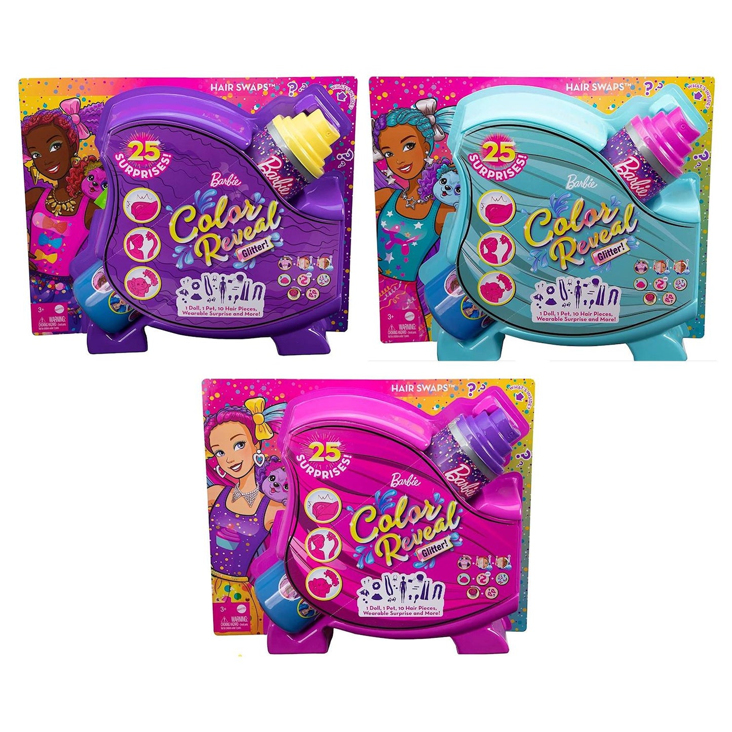 Barbie Color Reveal Glitter! Hair Swaps Doll with 25 Hairstyling & Party-Themed Surprises Including 10 Plug-in Hair Pieces